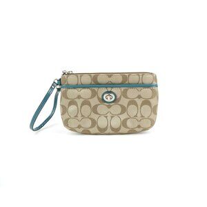 Coach Signature Khaki Teal Small Zip Wristlet